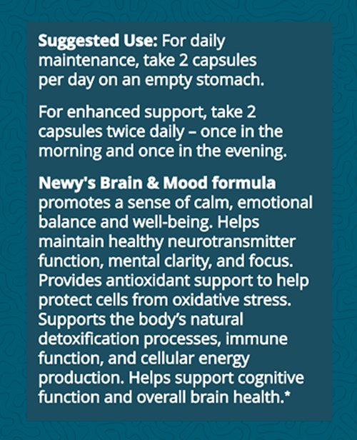 Text describing the suggested use and benefits of a Newy's Brain & Mood supplement on a blue background.