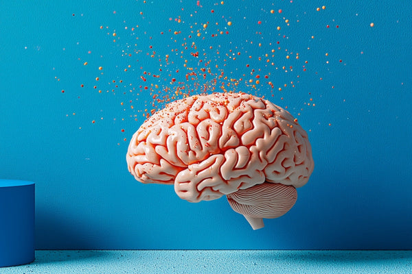 Illustration of a human brain with colorful particles floating around, symbolizing brain health and cognitive enhancement.