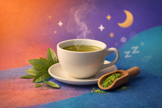 Steaming cup of green tea with fresh tea leaves and matcha powder, representing L-theanine benefits for calm focus and better sleep.