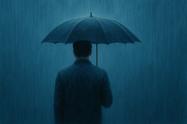 Man standing alone in rain with umbrella, symbolizing untreated depression and isolation.