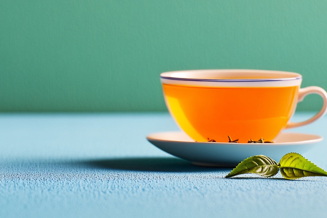 A cup of tea on a blue surface with fresh green leaves, symbolizing relaxation and natural supplementation.