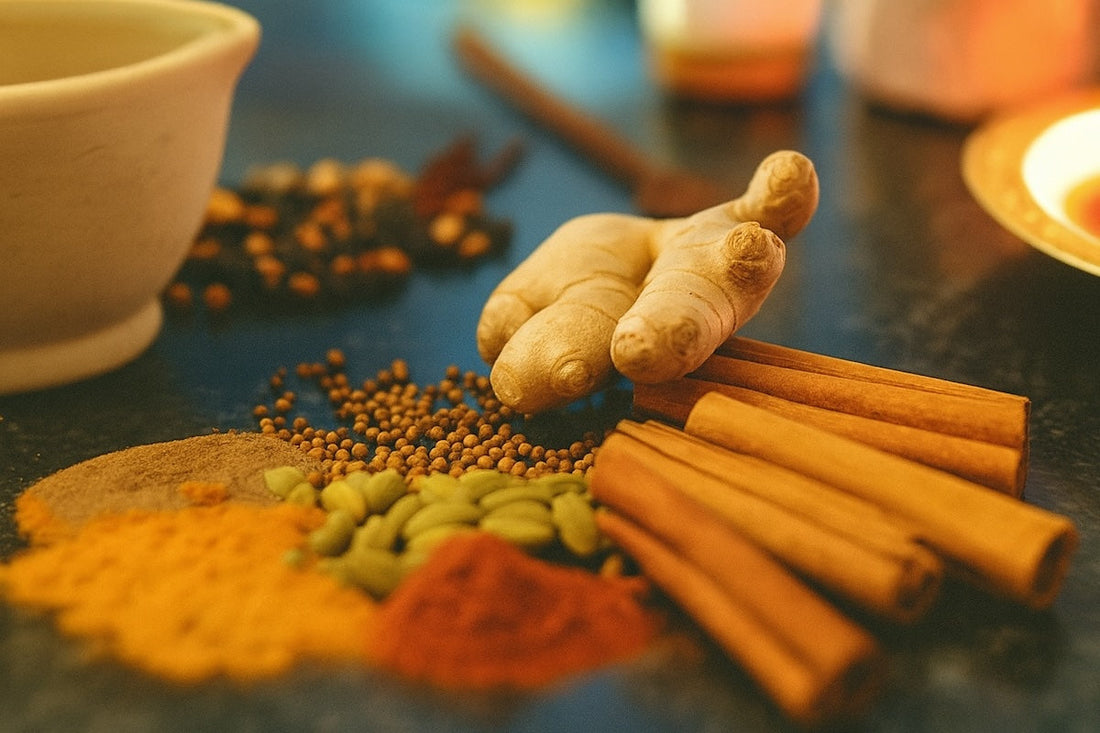 Assorted spices and herbs symbolizing nutrition and supplements for ketamine therapy support.