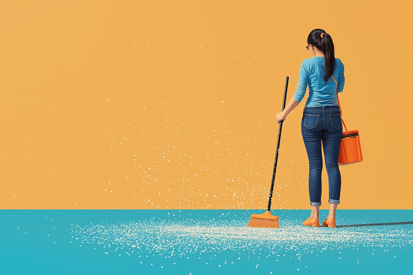 Person sweeping white particles on a vibrant floor, symbolizing detoxification and health renewal.