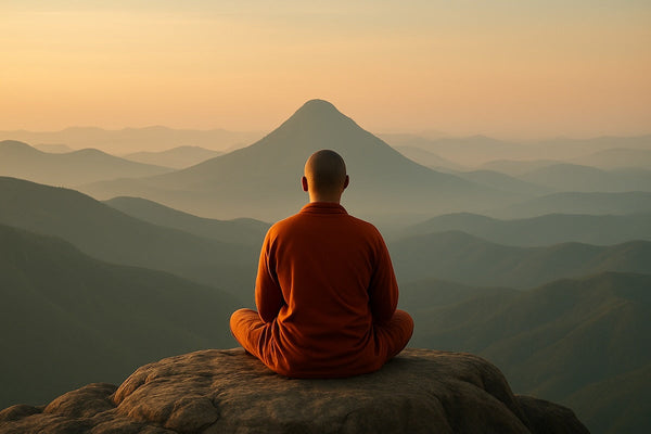 Person meditating cross-legged on a mountain at sunrise, overlooking misty layers of hills and golden light — symbolizing calm, mindfulness, and meditation practice.