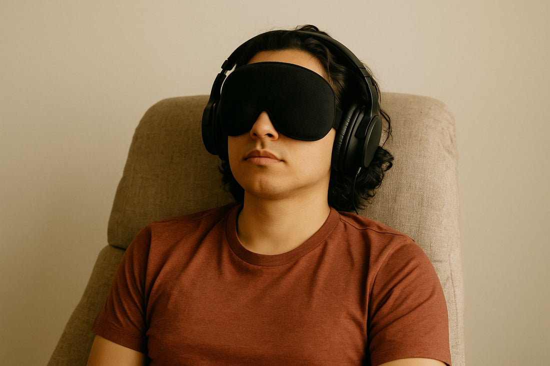 A person wearing an eye mask and headphones while relaxing in a chair, illustrating an at-home ketamine therapy session similar to Mindbloom-style treatments.