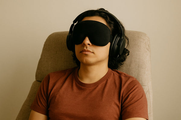 A person wearing an eye mask and headphones while relaxing in a chair, illustrating an at-home ketamine therapy session similar to Mindbloom-style treatments.
