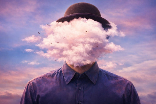 Surreal portrait of a person in a hat with their face replaced by a pink-and-white cloud and small birds, symbolizing brain fog and mental haze.