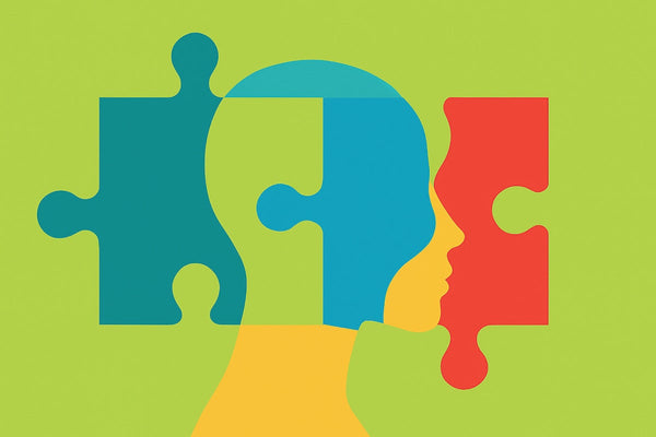 Abstract illustration of a human head made of colorful puzzle pieces on an orange background, symbolizing brain health and neuroplasticity.