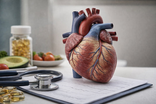 An anatomical heart model on a desk with a stethoscope and ECG chart, representing cardiovascular disease prevention and heart health.