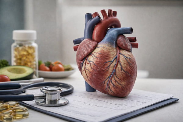 An anatomical heart model on a desk with a stethoscope and ECG chart, representing cardiovascular disease prevention and heart health.