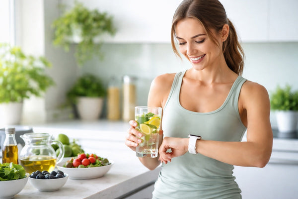 Woman in a modern kitchen checking a smartwatch while holding lemon water, surrounded by healthy detox foods like berries, ginger, and leafy greens.