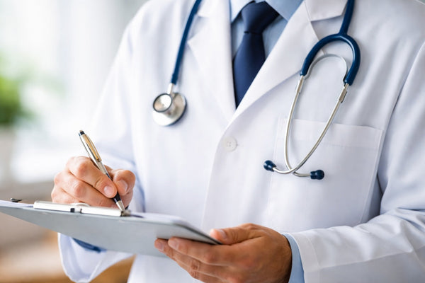 Close-up of a physician in a white coat with a stethoscope, representing natural brain and mood regulation support.