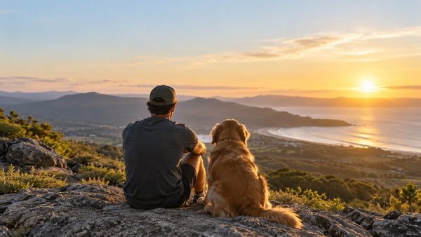 Man and golden retriever overlooking the coast at sunset, representing the five pillars of mental health and overall wellness