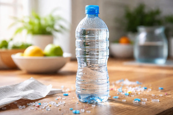 Plastic water bottle on a kitchen counter with scattered plastic fragments and a receipt, illustrating BPA and microplastics exposure sources.”