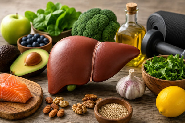 Healthy foods that support liver health, including salmon, leafy greens, berries, walnuts, olive oil, and vegetables surrounding a liver.