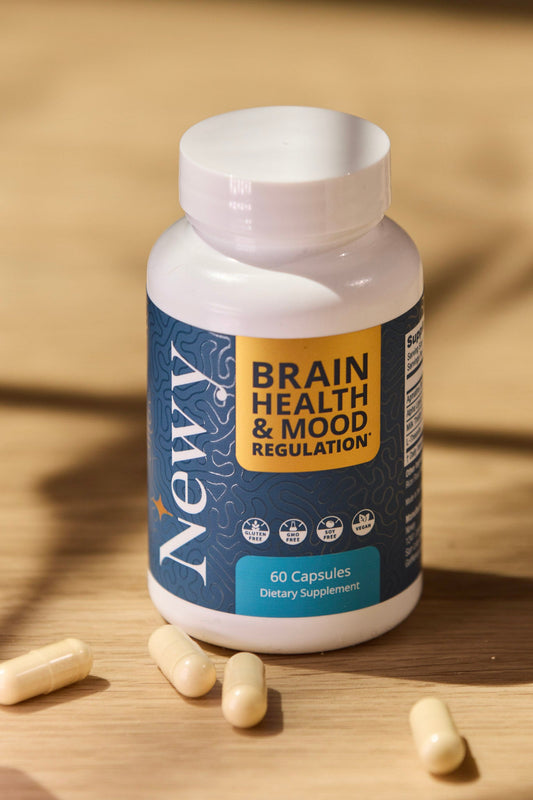 Newy Brain Health & Mood Regulation supplement bottle with 60 capsules, featuring agmatine sulfate, alpha-lipoic acid, L-theanine, and milk thistle.