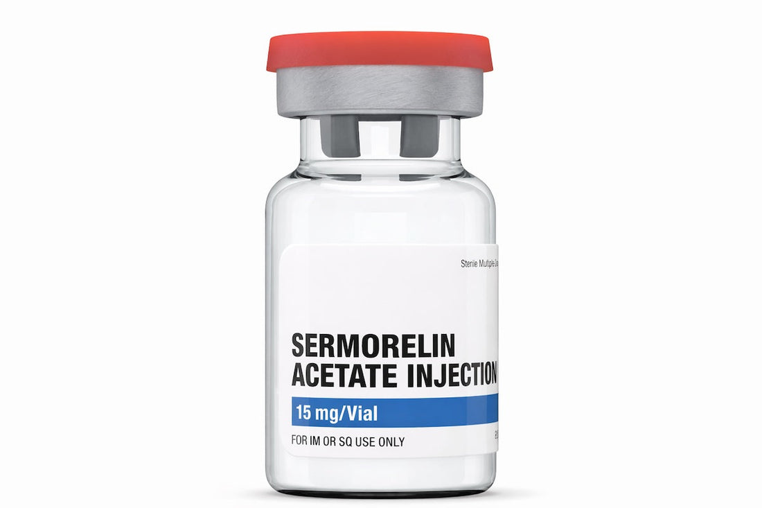 Clear glass vial of Sermorelin Acetate Peptide Injection (15 mg/vial) with red cap and white label on a white background.