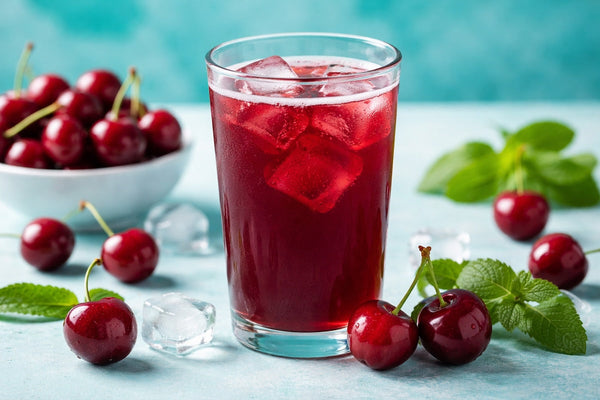 Glass of tart cherry juice with ice surrounded by fresh cherries on a teal background, representing natural recovery support for athletes.