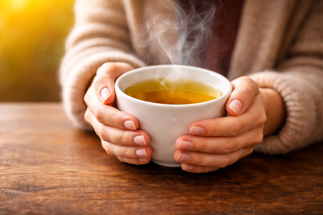 A close-up of a person’s hands holding a steaming cup of tea on a wooden table, symbolizing calm, focus, and the health benefits of tea.