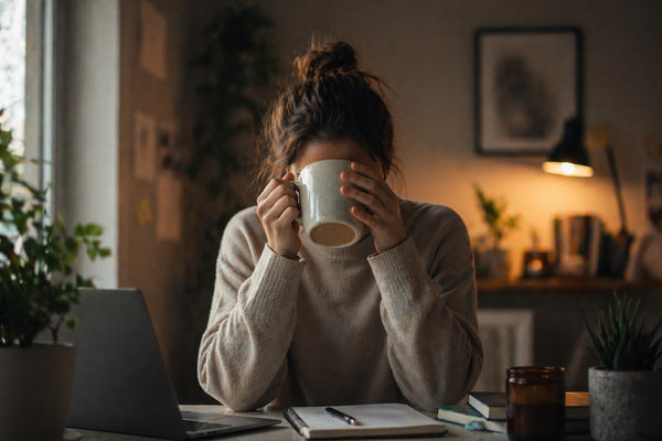 Woman sitting at a desk in a cozy home office, holding a coffee cup up to her face, conveying mental fatigue and burnout