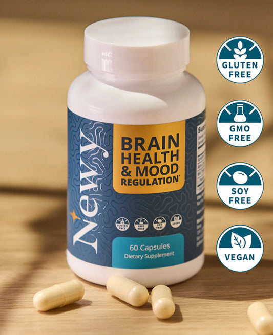 Supplement bottle labeled 'Brain Health & Mood Regulation' with certification icons on a wooden surface.